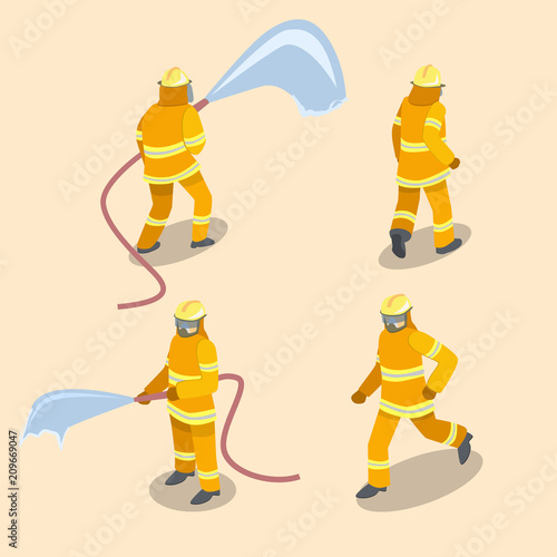 Isometric flat 3D isolated concept vector Firefighters in action.