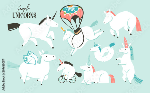 Hand drawn vector abstract graphic creative cartoon illustrations art collection set with white unicorns,pony and pegasus isolated on blue background