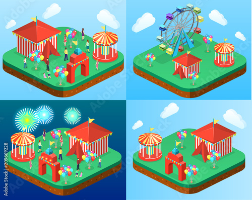 Isometric flat 3D vector city banners with carousels. amusement park