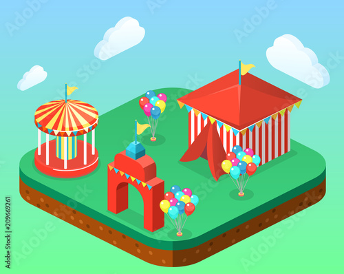 Isometric flat 3D vector city banners with carousels. amusement park