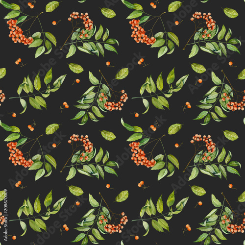 Watercolor rowan branches, berries and leaves seamless pattern, hand painted on a dark background
