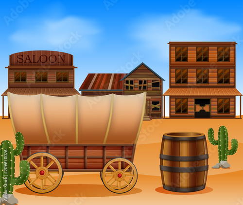 Western town with wooden wagon