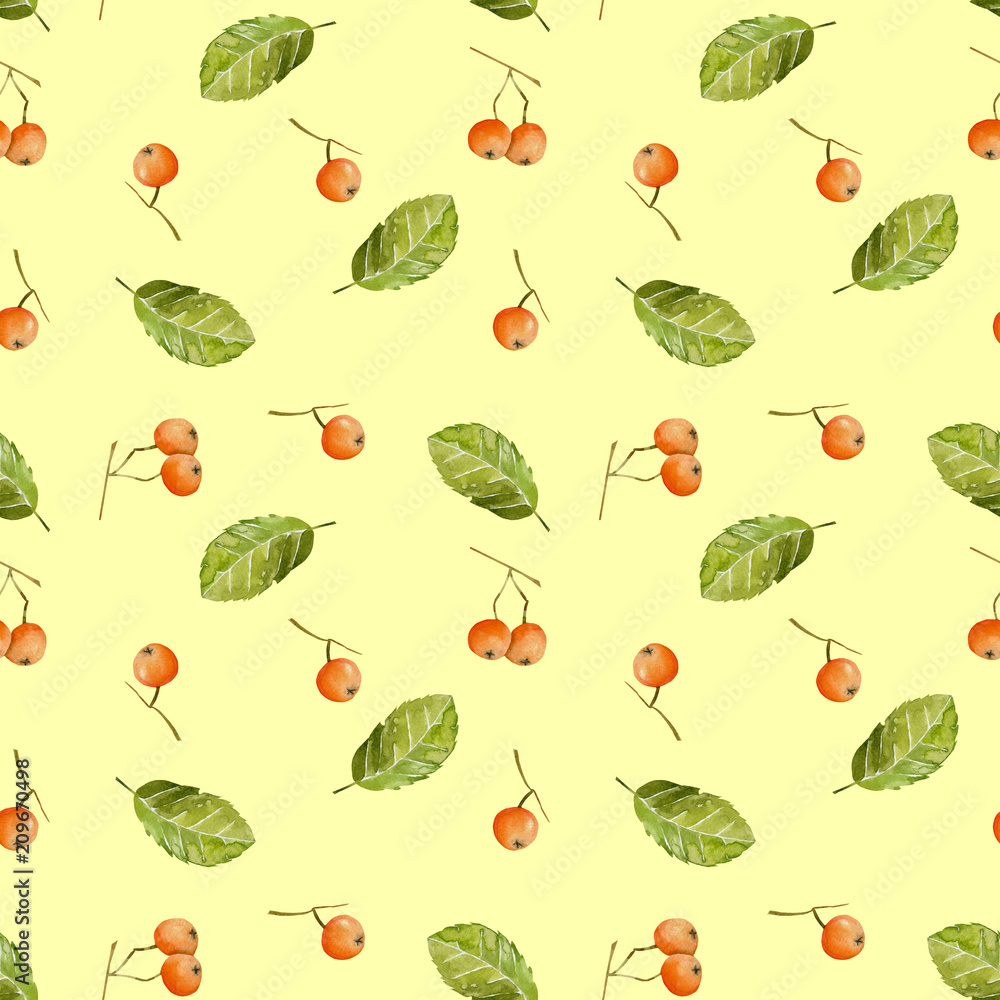 Watercolor rowan berries and leaves seamless pattern, hand painted on a yellow background Watercolor rowan berries and leaves seamless pattern, hand painted on a yellow background