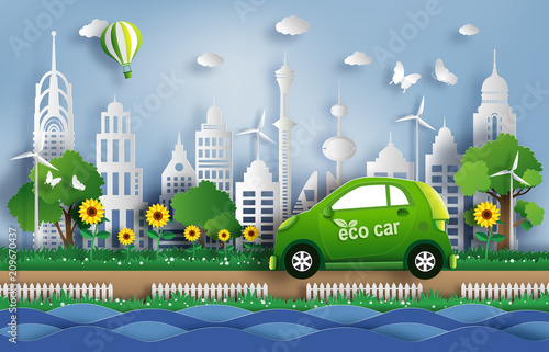 Paper art style of landscape with eco car and green city, save the planet and energy concept, flat-style vector illustration.