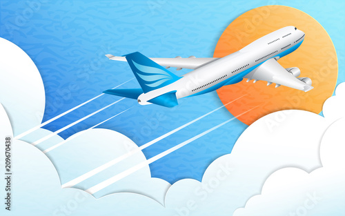 The flight of a white passenger liner. Ultraviolet sky, sun and white cumulus clouds. The effect of cut paper. 3D illustration. Travel, tourism and business. 