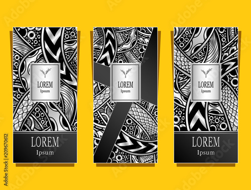 Set Template for package or flyer or label from Luxury background made by foil or metal effect abstract ornament ribbons waves jewel  in black silver for cosmetic or perfume or for brand book