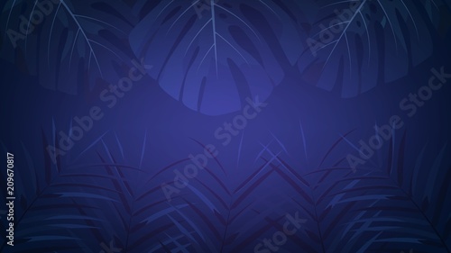 Exotic tropical rainforest background with palm leaves. Tropical night dark background