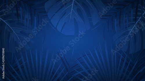 Tropical exotic rainforest background with palm leaves. Tropical night dark background