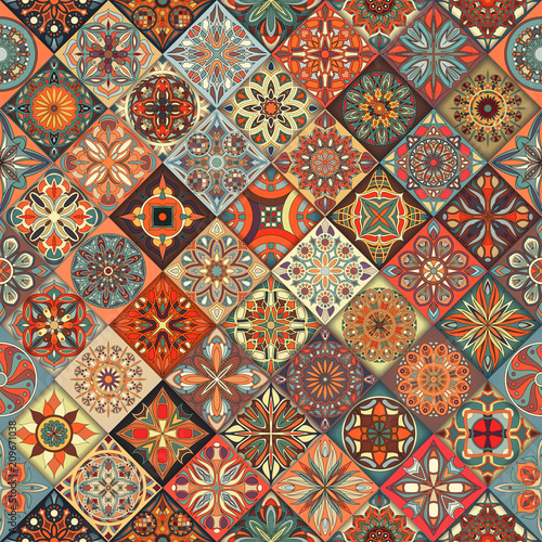 Ethnic floral mandala seamless pattern. Colorful mosaic background.