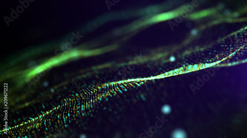 Photography Futuristic Green digital abstract luxurious sparkling wave particles flow de-foc