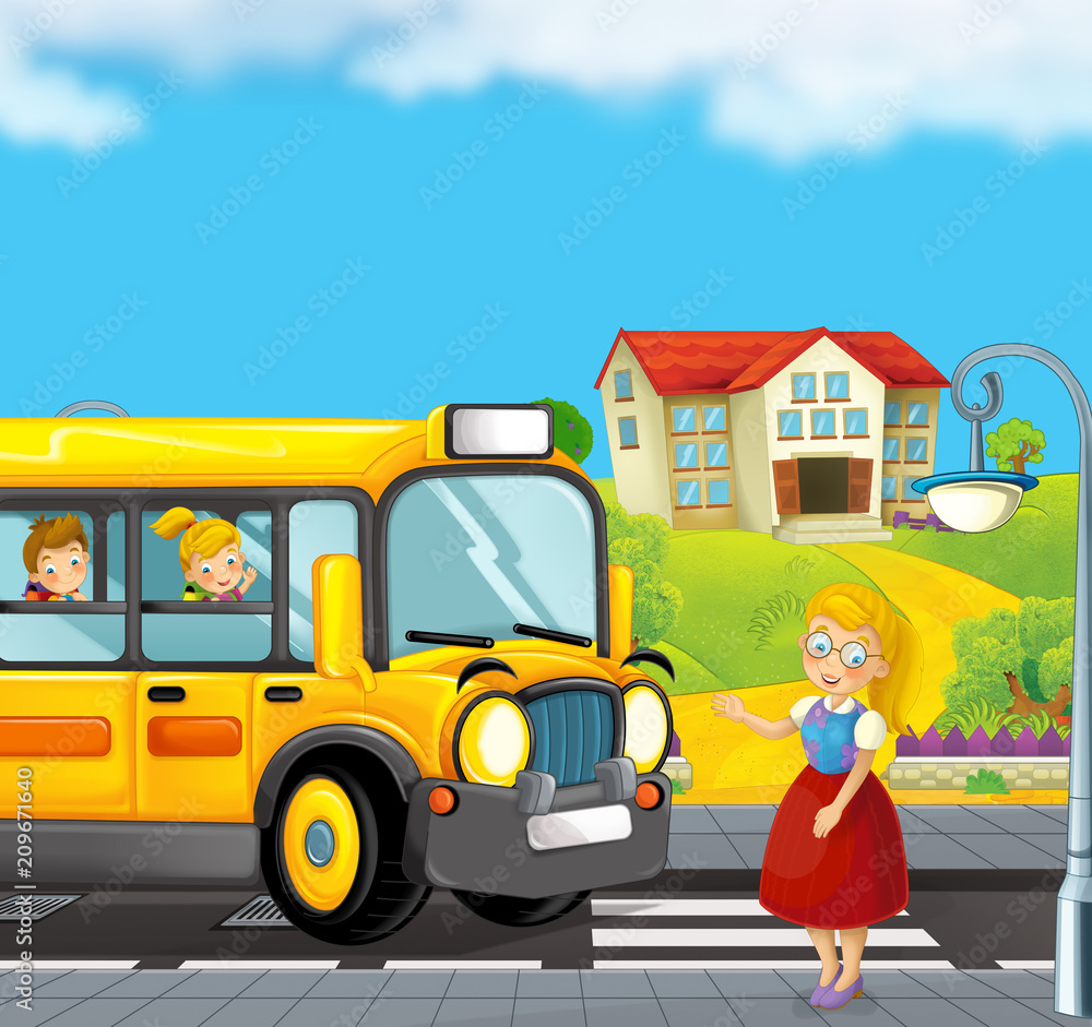 cartoon scene with school bus taking kids to school and teacher waiting