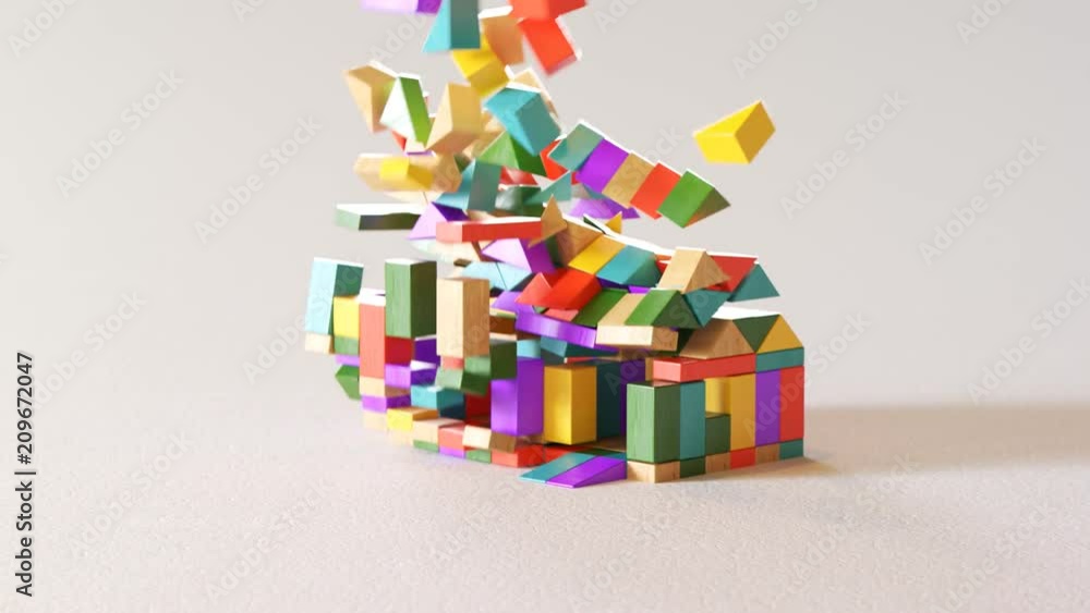 Colorful wooden blocks gradually laid down into a perfect house form. 4K HD