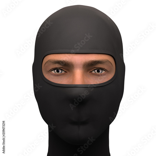 Balaclava mask. Symbol of criminal and hacker. Also Equipment for special forces or winter sport. Warm fabric material. Front view. 3D render illustration Isolated on white background. photo