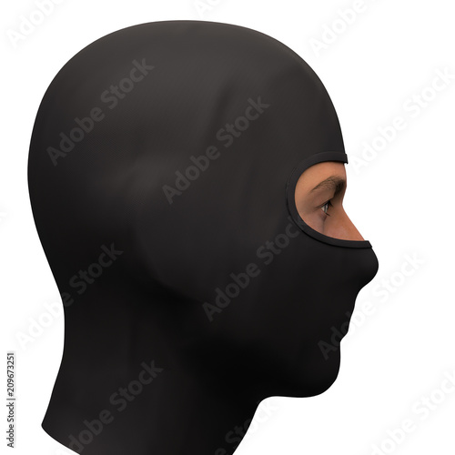 Balaclava mask. Symbol of criminal and hacker. Also Equipment for special forces or winter sport. Warm fabric material. Side view. 3D render illustration Isolated on white background.