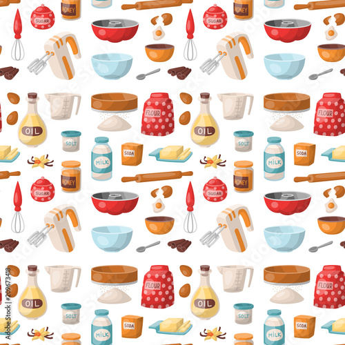 Baking pastry prepare cooking ingredients kitchen utensils homemade food preparation baker seamless pattern background vector illustration.