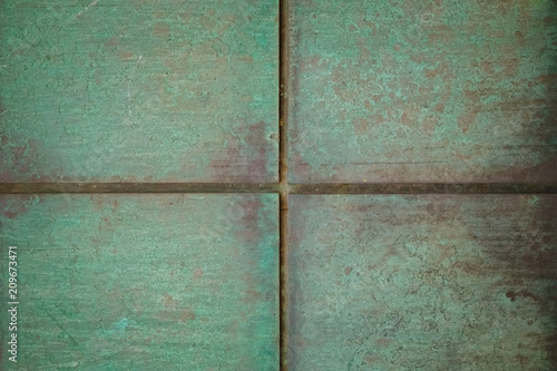 Patina copper metal rectangular blocks background texture. Vintage effect