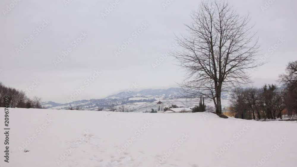 Young pretty smiling woman runs in a snowy environment Young pretty smiling woman runs in a snowy environment