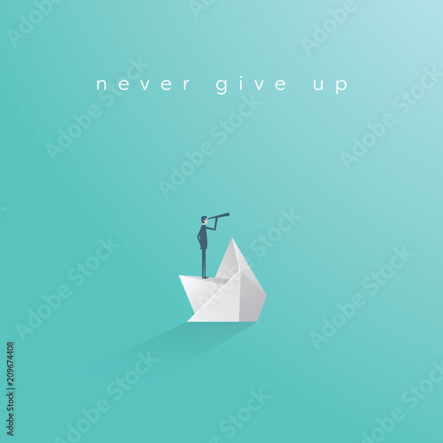 Business manager on sinking paper boat vector concept. Symbol of hope, determination, motivation, leadership.