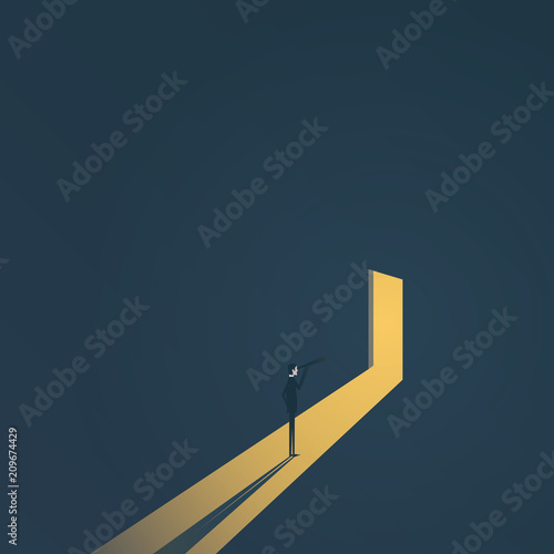 Business finding solution vector concept with businessman standing in dark, light coming out of the door. Symbol of hope, vision, leadership, light at the end of the tunnel
