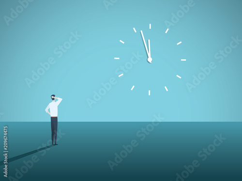 Business deadline vector concept with businessman staring at a clock on the wall. Symbol of stress at work, management pressure, burnout.