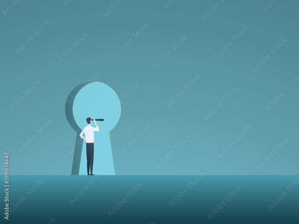 Business vision and solution vector concept with business man looking through keyhole. Symbol of innovation, opportunity, success. Business vision and solution vector concept with business man looking through keyhole. Symbol of innovation, opportunity, success.