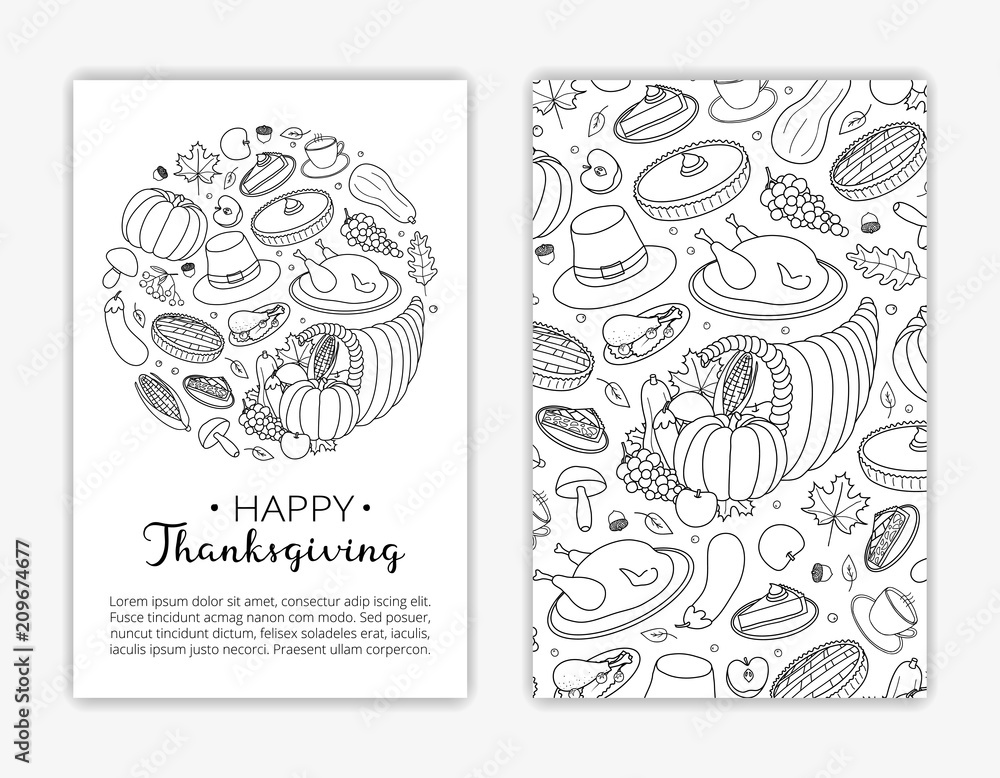 Editable card templates with hand drawn Thanksgiving items.