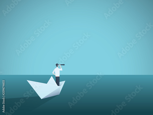 Business vision or visionary vector concept with businesswoman on paper boat with telescope. Symbol of woman leader, succes, ambition, leadership, future.