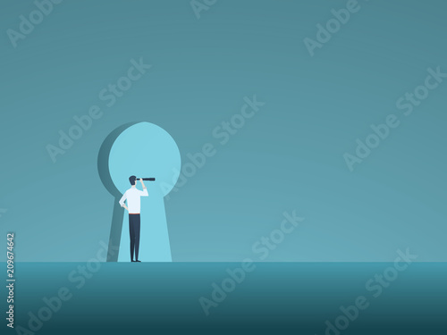 Business vision and solution vector concept with business man looking through keyhole. Symbol of innovation, opportunity, success.