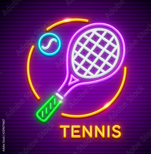 Neon icon with racket and ball for playing big tennis at court.