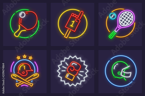 Set of neon icons for sporting games. Rackets and balls playing