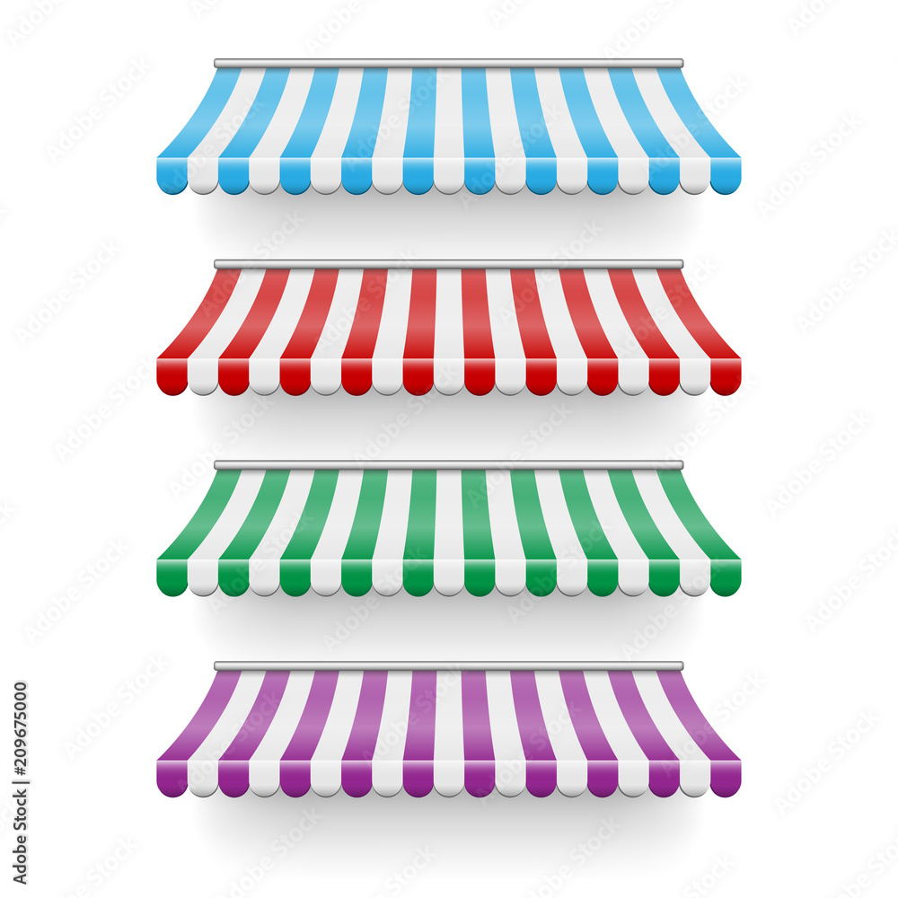 Vecteur Stock Realistic shop awning tents set. Outdoor market canopy roof  for cafe, store front and shop. Tent sunshade for window, colored striped  roof isolated. vector Illustration | Adobe Stock