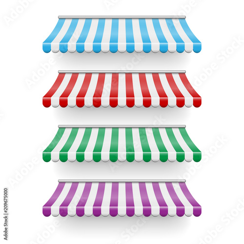 Realistic shop awning tents set. Outdoor market canopy roof for cafe, store front and shop. Tent sunshade for window, colored striped roof isolated. vector Illustration