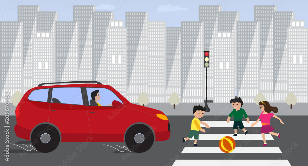 Kids crossing road with red car on red traffic light. Children play