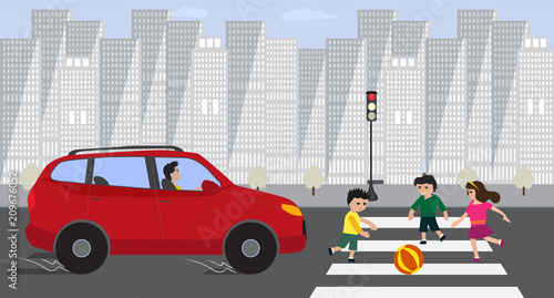 Kids crossing road with red car on red traffic light. Children play with ball on road Vector flat illustration. Danger situation on road. Accident with child