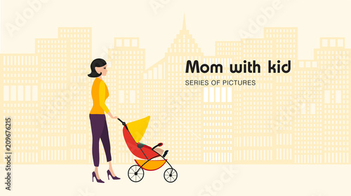 Mom walk with strollers. Happy young mother go with a baby in the pram on city. Motherhood. 
