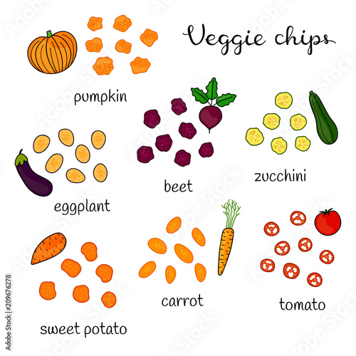 Set of doodle veggie chips.