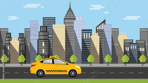 Booking taxi. Yellow cab car rides on  street road to passenger, city with skyscraper on background. Vector flat illustration. Taxi service concept.
