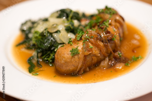 Grilled sausage with Cheesy Creamed Spinach