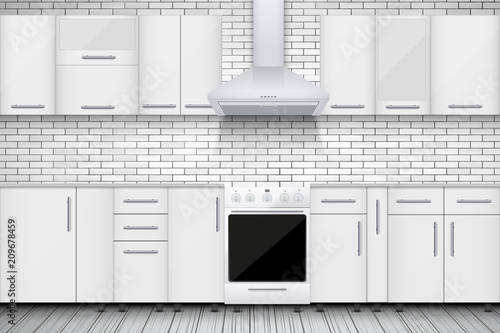 Typical white kitchen. Brick wall and cabinets with kitchen hoods. Sample of domestic architecture. Vector Illustration