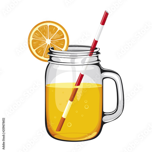 range juice,smoothie, in a mason jar with a straw, DECORATED WITH AN ORANGE SLICE. Vector healthy drink with orange fruit on white background.