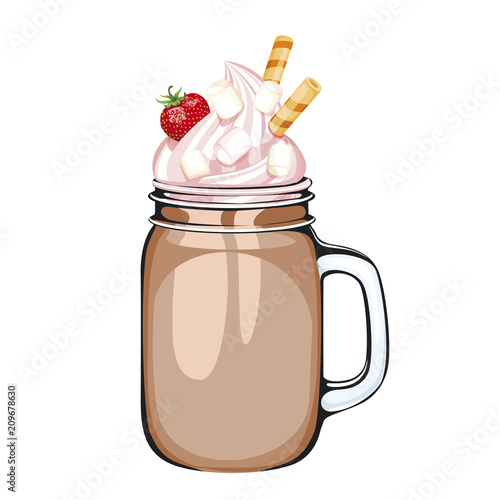 a delicious chocolate drink in a Mason jar. decorated with whipped cream or ice cream, strawberry and waffle tubes. illustration on white background. 