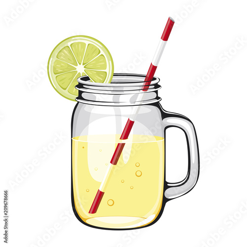 Lime juice, smoothie, in a mason jar with a straw, DECORATED with a SLICE of lime. Vector healthy drink with orange fruit on white background.  lemonade