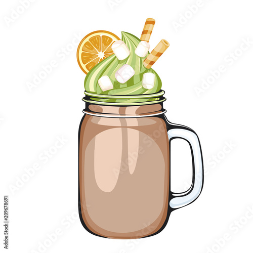 delicious chocolate drink in a Mason jar, decorated with whipped cream or pistachio ice cream, orange, marshmallow and waffle tubes. illustration on white background.