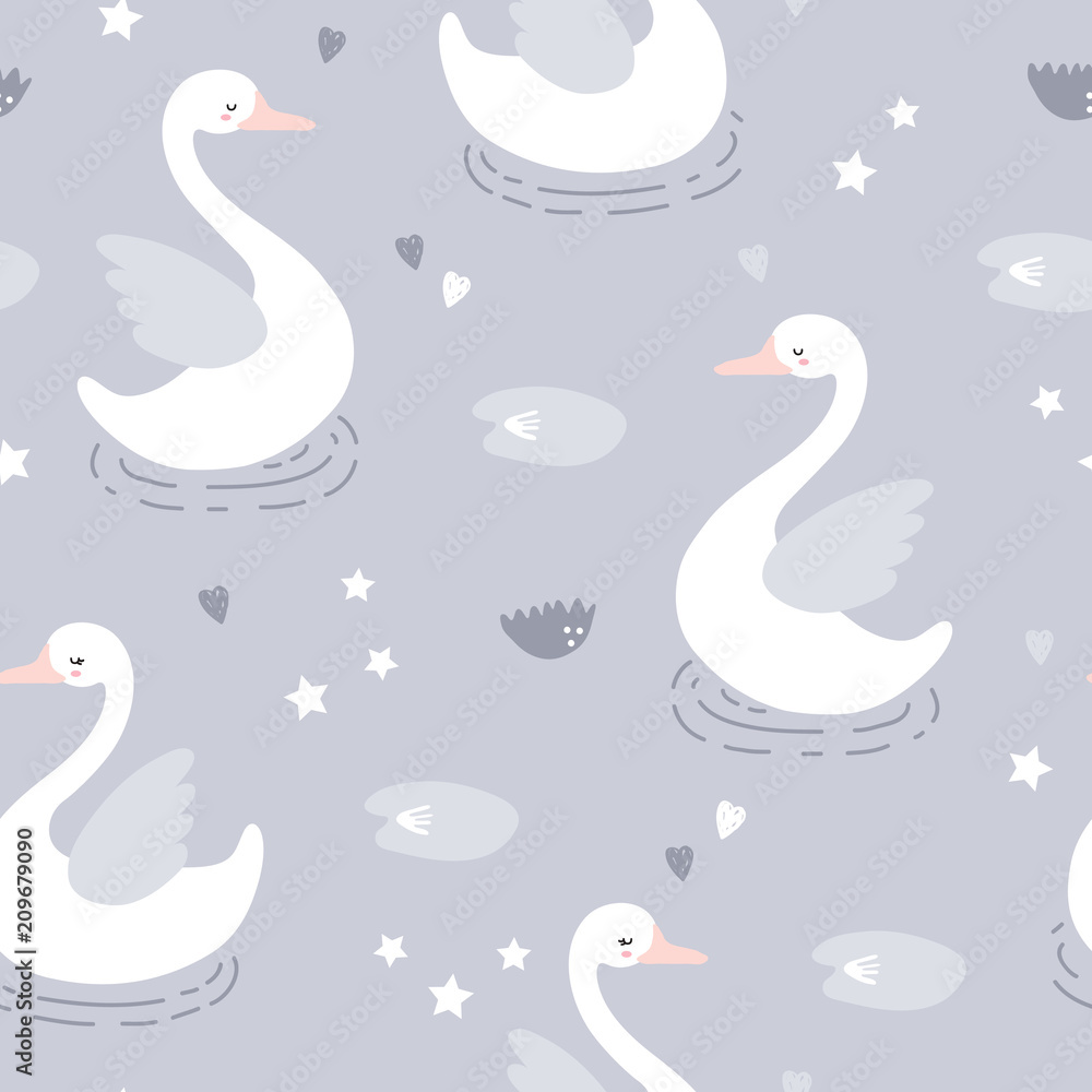 Obraz premium vector seamless background pattern with beautiful scandinavian swans for baby shower, fabric, textile