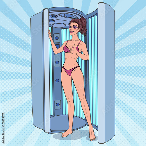 Pop Art Beautiful Woman in Solarium. Pretty Sexy Girl Preparing for Tanning. Skin Care Procedure. Vector illustration