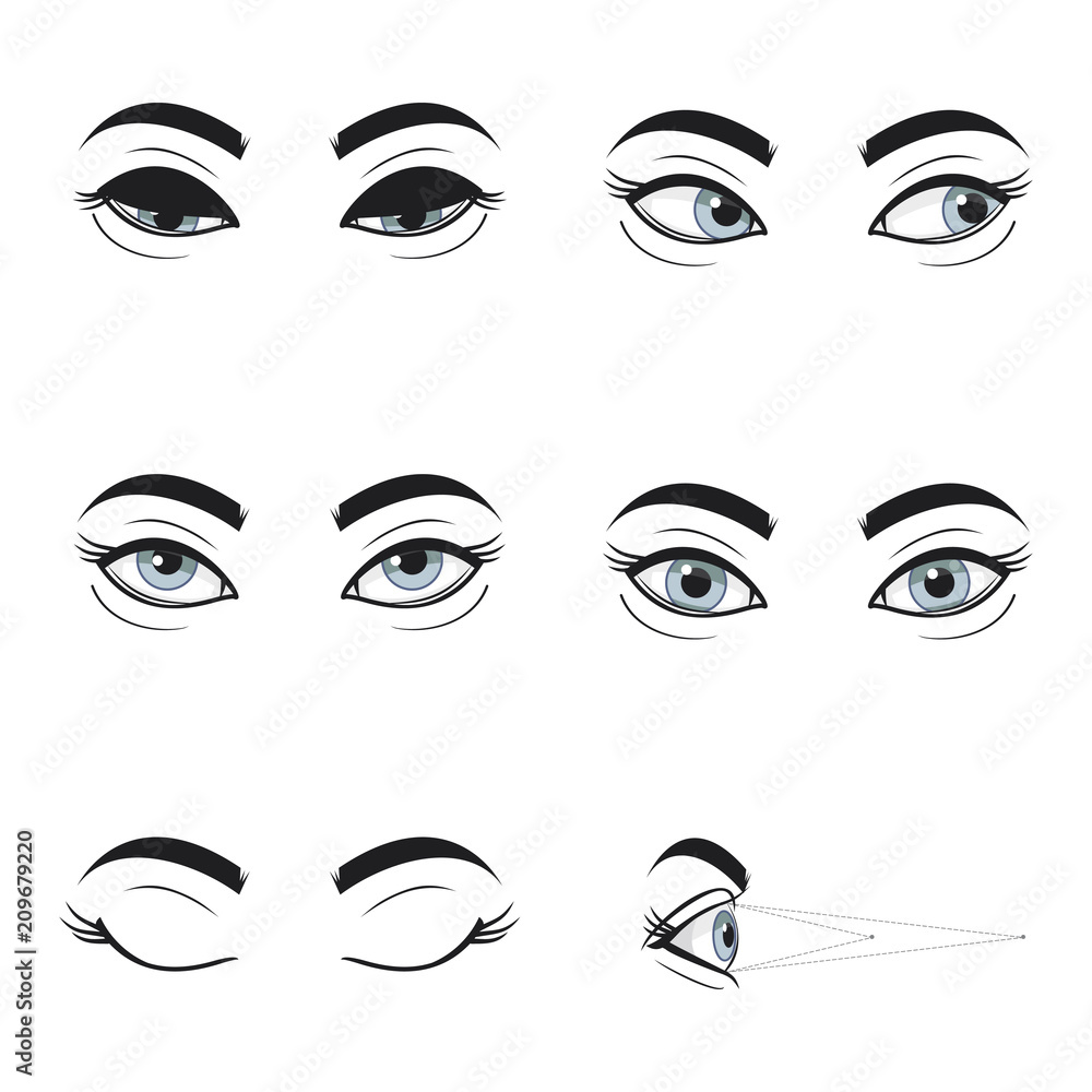 Set collection of blue female eyes and brows on white background