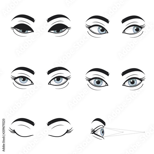 Set collection of blue female eyes and brows on white background. Different cartoon eye expressions. Gymnastics for eyes. Eyes looking up, down , left, right , eyes closed .