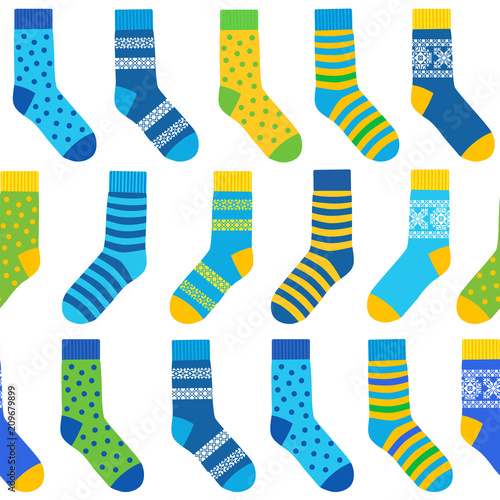 seamless background of multi-colored socks with patterns and stripes
