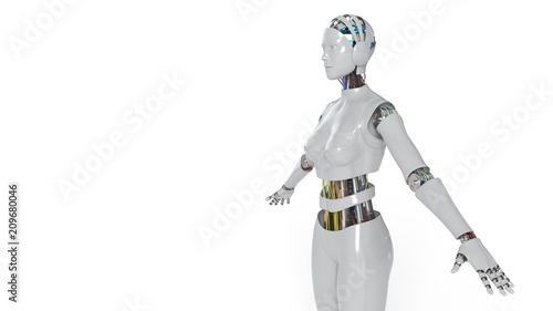 Robot woman working white background  3d rendering