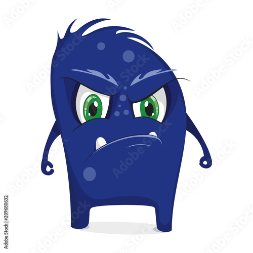 Cartoon blue monster. Bacteria with large eyes, teeth, hands, feet. Microorganism on a white background. Charismatic virus.